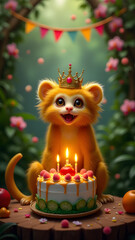 A happy golden lion tamarin in a crown celebrates a birthday with a fruit-and-flower cake, lit candles, and a vibrant tropical forest setting full of charm and whimsy.
