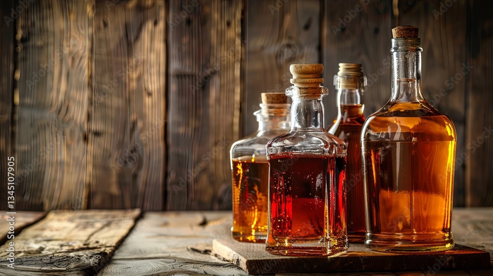 Aufkleber vintage bottles of strong alcohol on a rustic wooden table for distillery and beverage advertising g