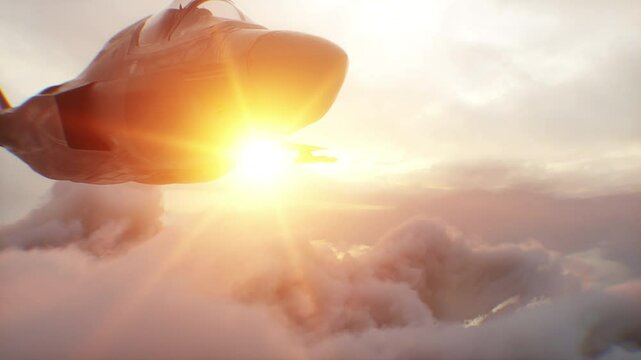 Military fighter jet F-35 flying over clouds. Air force.