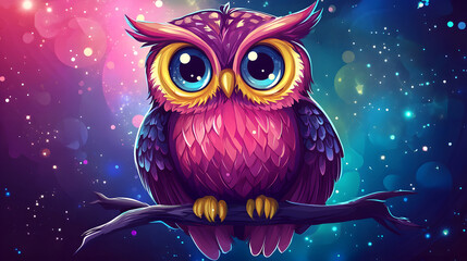 Fototapeta premium Colorful Owl Cartoon with Galaxy Background - Fun and Playful Illustration for Kids and Education