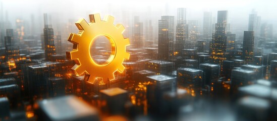 Fototapeta premium A golden gear representing industry and technology in a city