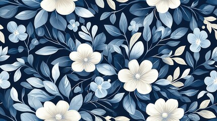 An elegant and serene seamless floral pattern in blue and white