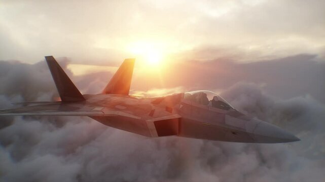 Military fighter jet F-22 flying over clouds. Air force.