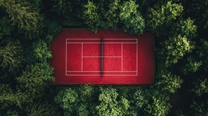 An aerial view of a red tennis court surrounded by trees