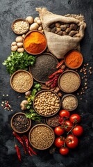 Fototapeta premium An Arrangement of Spices Herbs and Vegetables on Dark Surface