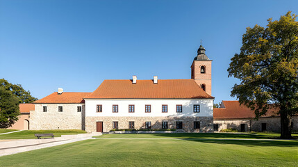 Historic European Building Exterior with Red Tiled Roof under Clear Blue Sky on Sunny Day with Green Grass