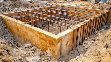A large hole dug for the foundation of a new building, with steel support bars in place.