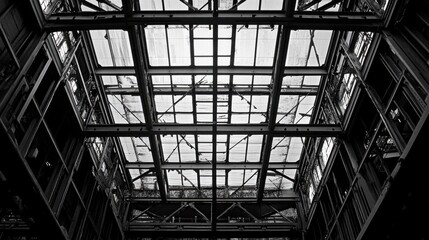 Obraz premium Metal roof trusses of a factory warehouse, exposed for construction.