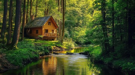 Fototapeta premium Serene Wooden Cabin in Peaceful Forest Setting by Tranquil Stream Underbright Green Foliage