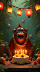 Fototapeta premium A happy orangutan in a scarf celebrates a birthday with a tropical fruit-themed cake, lit candles, and a lush jungle setting full of charm and whimsy.