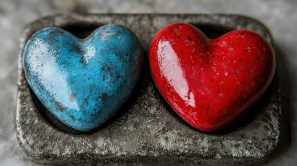 Obraz premium Blue and red heart candies sit in gray holder. Close-up, textured