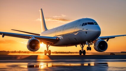 Commercial airplane landing at sunrise with golden light
