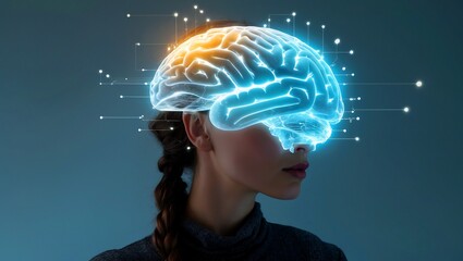Contemplative woman illuminated by brain technology insights
