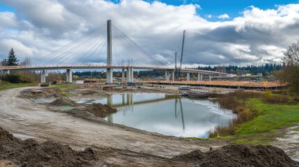 Fototapeta premium A modern bridge under construction with massive support pillars and steel cables.