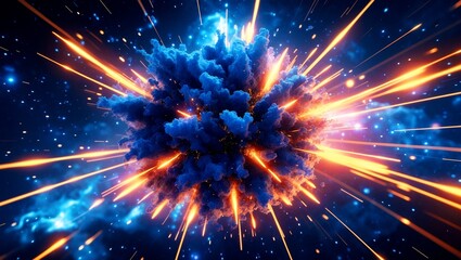 Cosmic blue particle explosion with glowing energy trails
