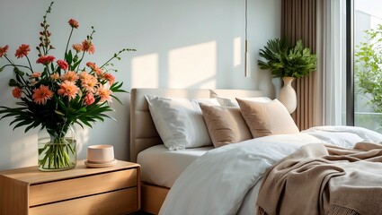 Naklejka premium Cozy minimalist bedroom with fresh flower bouquet