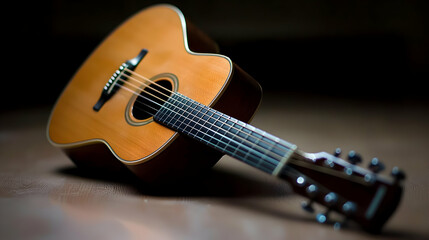 Fototapeta premium Detailed Shot Of An Acoustic Guitar Leaning On A Wooden Surface With Brown And Light Brown Tones Against A Dark Background