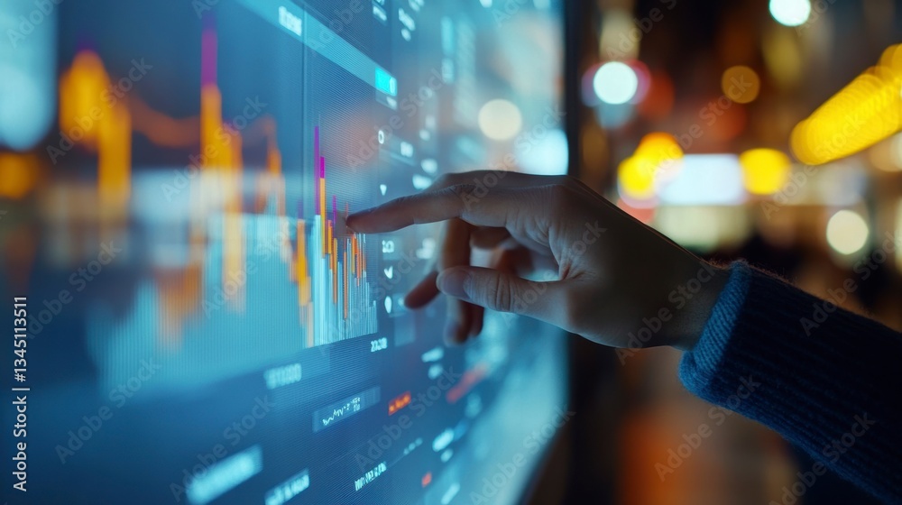 Poster person interacting with touchscreen display showing financial data at night