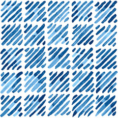 Indigo blue hand painted diagonal lines squares background. Seamless vector pattern