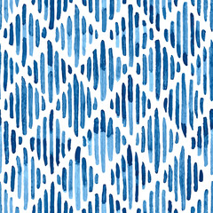 Indigo blue hand painted lined rhombuses background. Seamless vector pattern