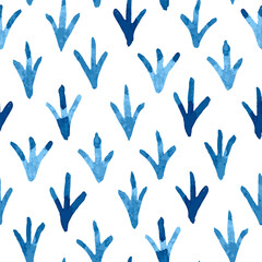 Blue hand painted bird footprints seamless vector pattern