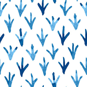 Blue hand painted bird footprints seamless vector pattern