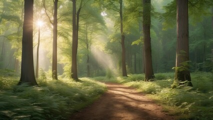 Obraz premium A serene forest scene featuring a pathway lined with tall trees,