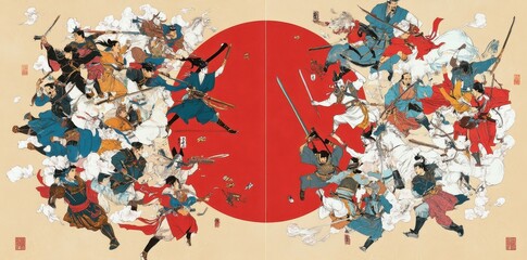 Naklejka premium A Group Of Warriors Engaged In Intense Combat Around a Red Circle