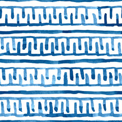 Indigo blue watercolour ancient greek and roman ornament, seamless vector pattern