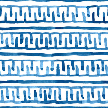 Indigo blue watercolour ancient greek and roman ornament, seamless vector pattern
