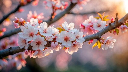 Delicate cherry blossoms bathed in warm sunlight