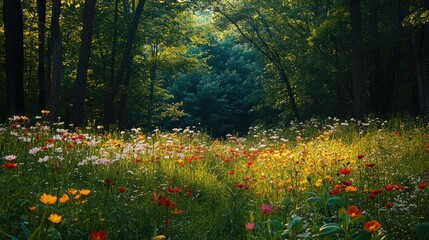 Obraz premium Vibrant Wildflower Meadow Surrounded by Lush Green Trees in a Serene Nature Landscape at Dawn