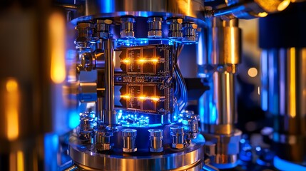 Quantum computer chip under an electron microscope, circuits glowing with neon blue and orange energy, sci-fi inspired laboratory setting