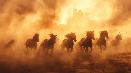 Fototapeta premium Horses galloping sunset dust storm desert mountains