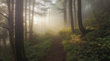 Obraz premium Misty Forest Pathway Surrounded by Tall Trees and Lush Greenery in Soft Morning Light