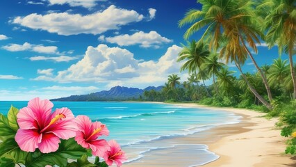 tropical flowers on the beach with the ocean and sky in the background