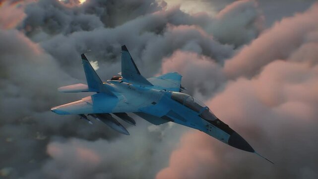 Russian military fighter jet MIG -35 flying over clouds. Air force.