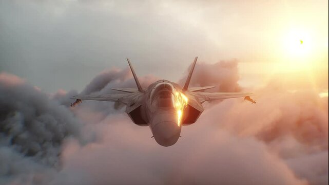 Military fighter jet F-35 flying over clouds. Air force.