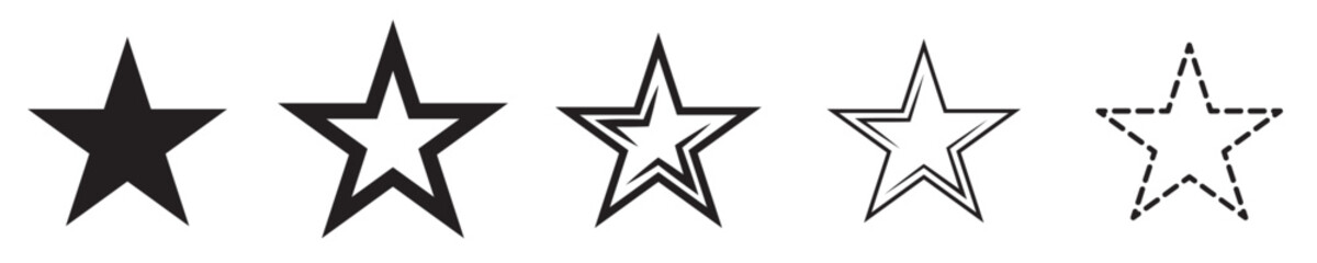 Black star icon set, different star shapes, outline and solid star symbols, rating icons, award graphics, favorite symbol, geometric star vector, ranking design, simple star illustration, badge emblem