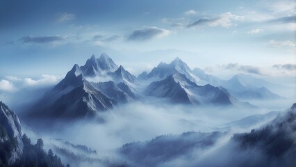 Fototapeta premium Watercolor-style painting of mountain ranges with mist covering the lower portions