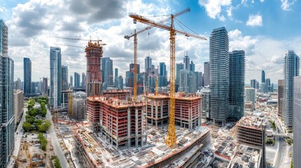 Fototapeta premium A panoramic view of a construction crane on a city site, overlooking cranes and building materials.