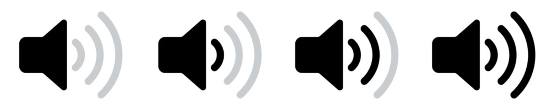 Volume and sound level icon set, speaker audio symbols, sound wave increasing, loudspeaker vector illustration, media control icons, sound adjustment graphics, black and white minimal design