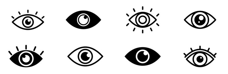 Minimalist Eye Icon Set in Vector Format Featuring Various Eyeball,Optical and Eyewear Symbols Designed for UI, Web, Medical, Ophthalmology and Graphic Design Projects in a Modern Style.
