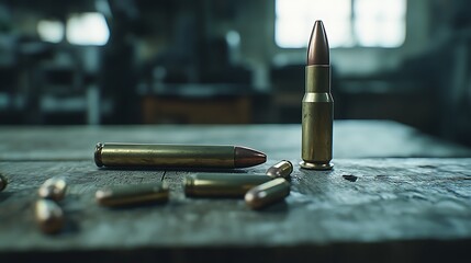 Bullets on a wooden table in a military factory. Selective focus.