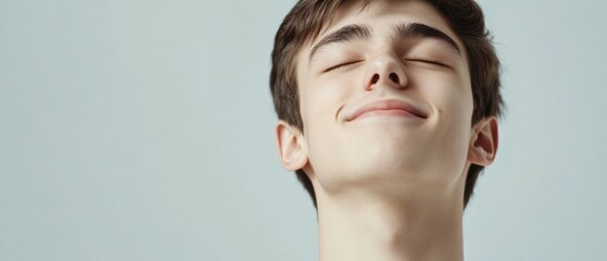 Serene Caucasian Teenager with Closed Eyes Smiling Indoors, Experiencing Peace and Relaxation in a Studio Setting Concept of Mindfulness, Wellbeing, and Meditation