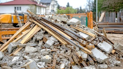 A pile of construction debris with wooden beams, concrete chunks, and metal rods.