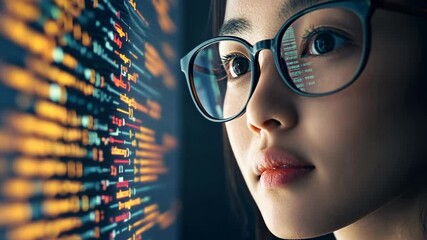 Focused young woman analyzing data on a screen in a dimly lit workspace during late evening hours