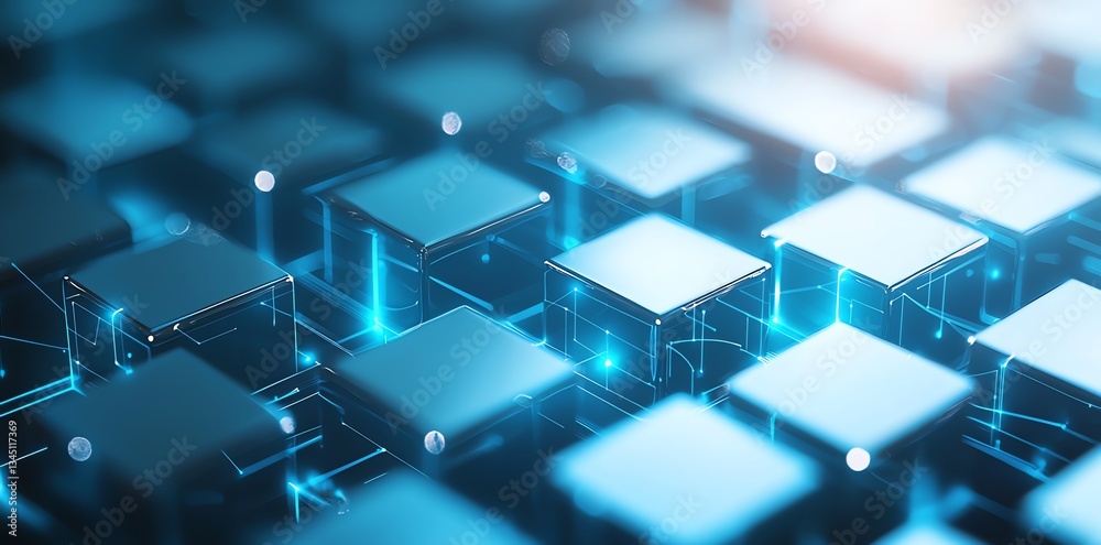 Poster a close-up view of futuristic blue cubes illuminated by light, representing advanced technology and 
