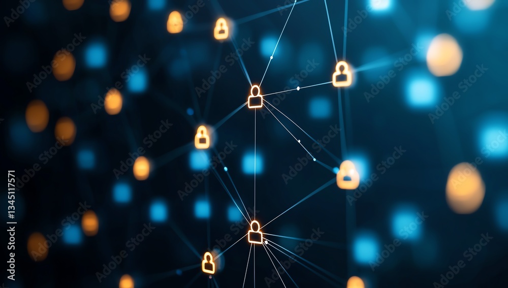 Poster a digital network representation featuring interconnected nodes symbolizing cybersecurity, data prot