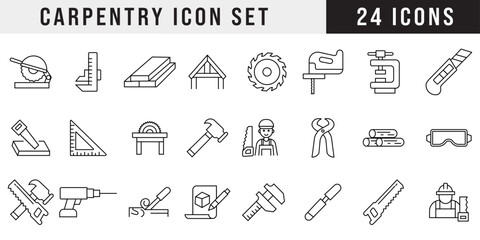 Carpentry icons set with woodworking tools, hammer, saw, nails, chisel, drill, toolbox, wrench, craftsmanship, home renovation, joinery, hand tools, woodworking equipment, vector illustration